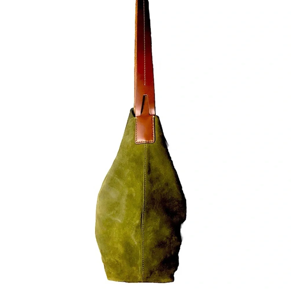DOONEY BOURKE Olive Green Suede Hobo Bag Adjustable Brown Leather Shoulder Strap